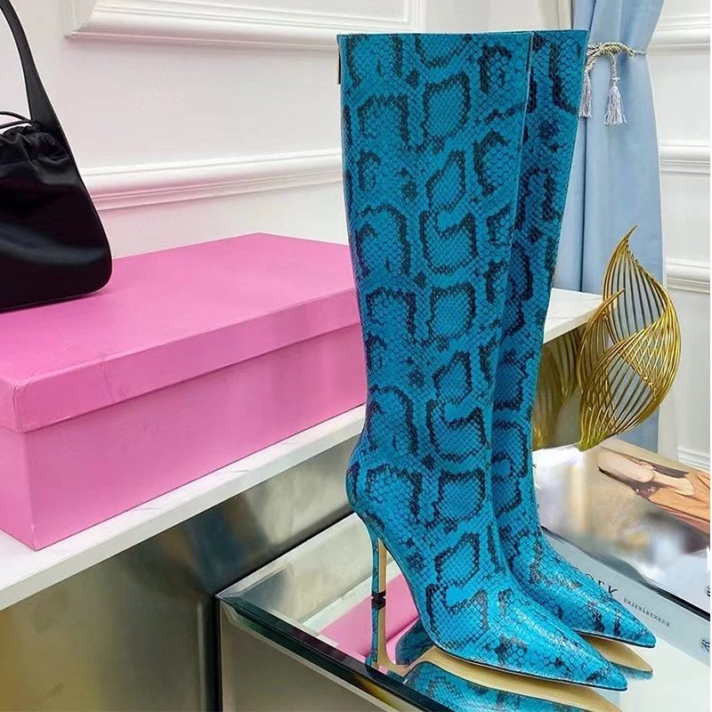 

UVRCOS Runway Snakeskin Pointed Toe Women Knee High Boots Sexy Thin Heels Leather Riding Boots Blue Yellow