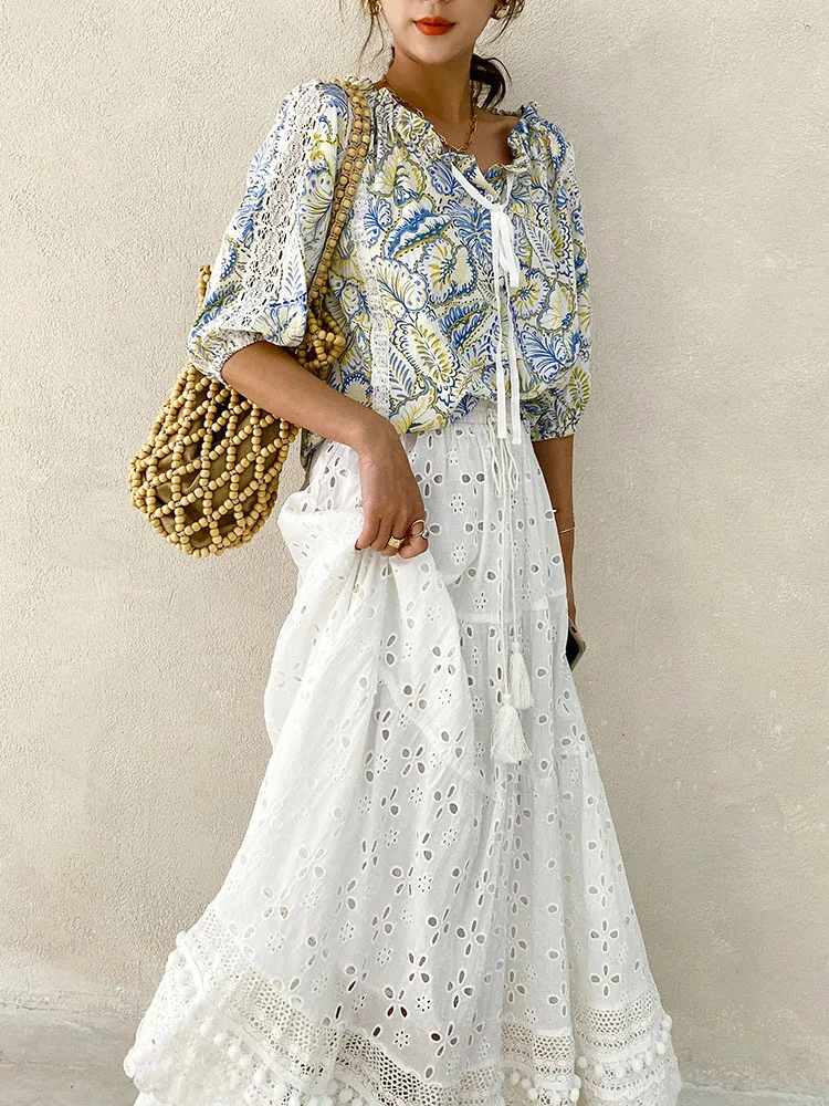 Женская кружевная юбка-макси в стиле бохо белая ажурная длинная юбка