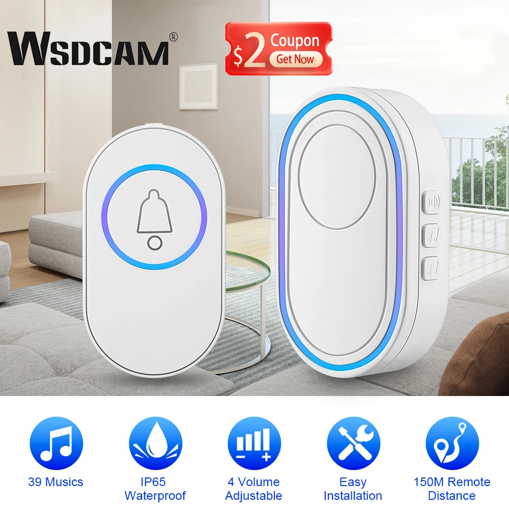 

Беспроводной дверной звонок Wsdcam, умный дверной звонок, IP65, водонепроницаемый, 39 мелодий, 4 режима громкости, умный дом