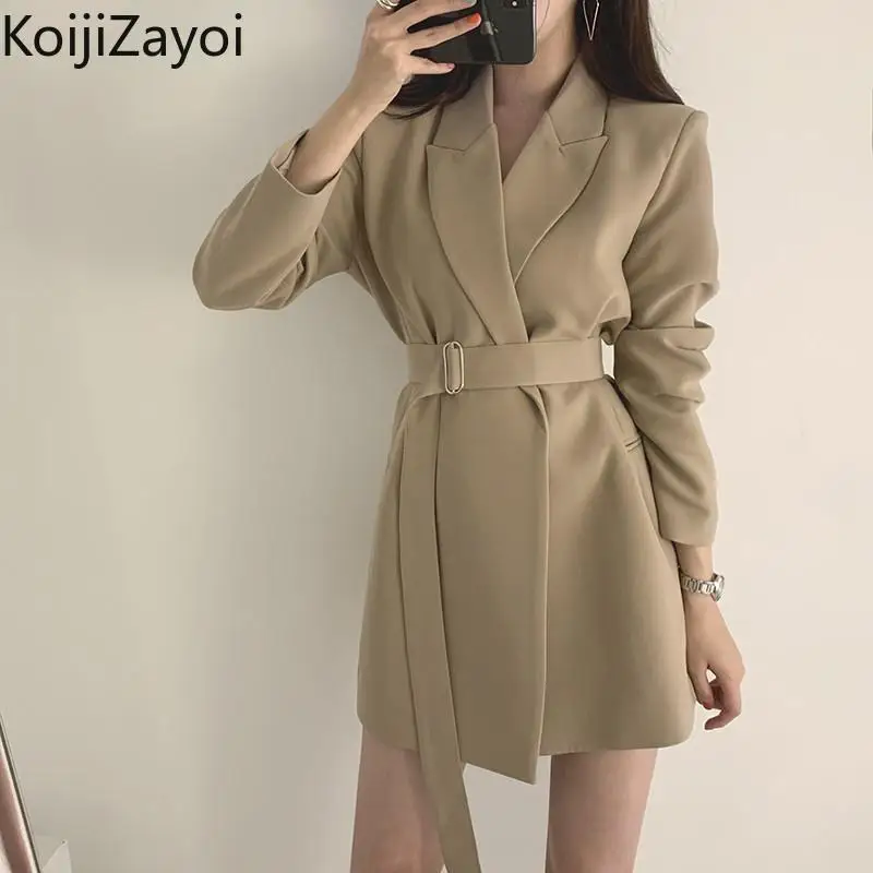 

Koijizayoi Elegant Women Solid Chic Mini Short Blazer Dress Office Lady Fashion Spring Autumn Belted Dresses All Match Outwear