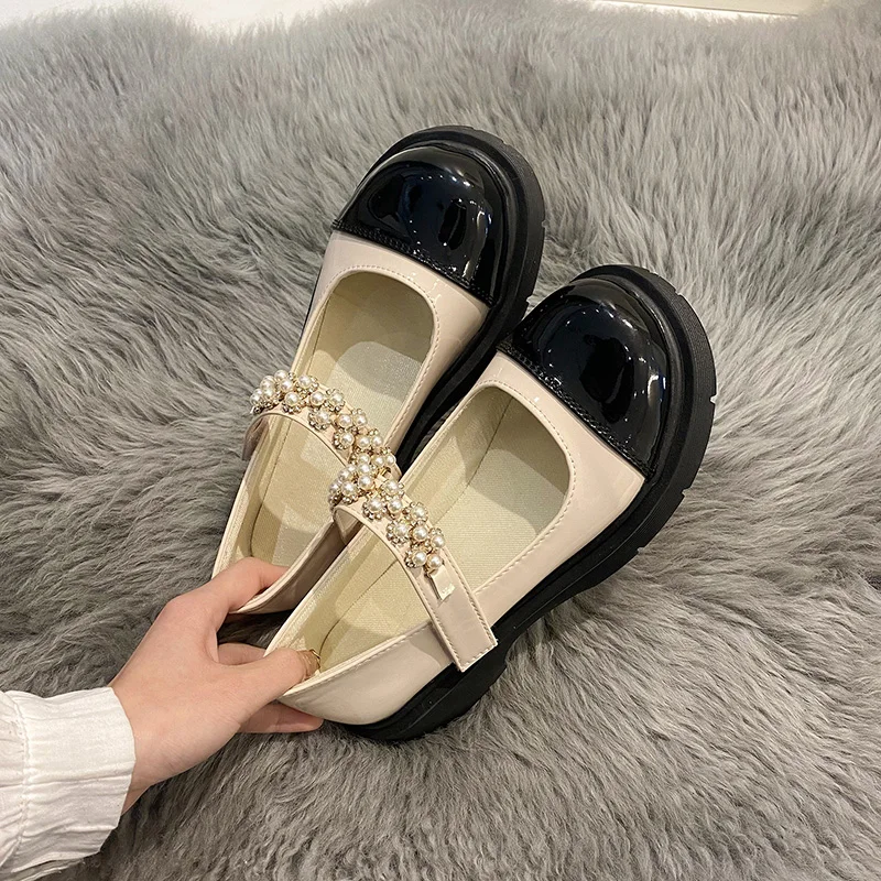 

Shoes Woman 2022 Oxfords All-Match Female Footwear Mixed Colors Pearl Decorateion Low Heels New Leather Dress Summer Beading Spr