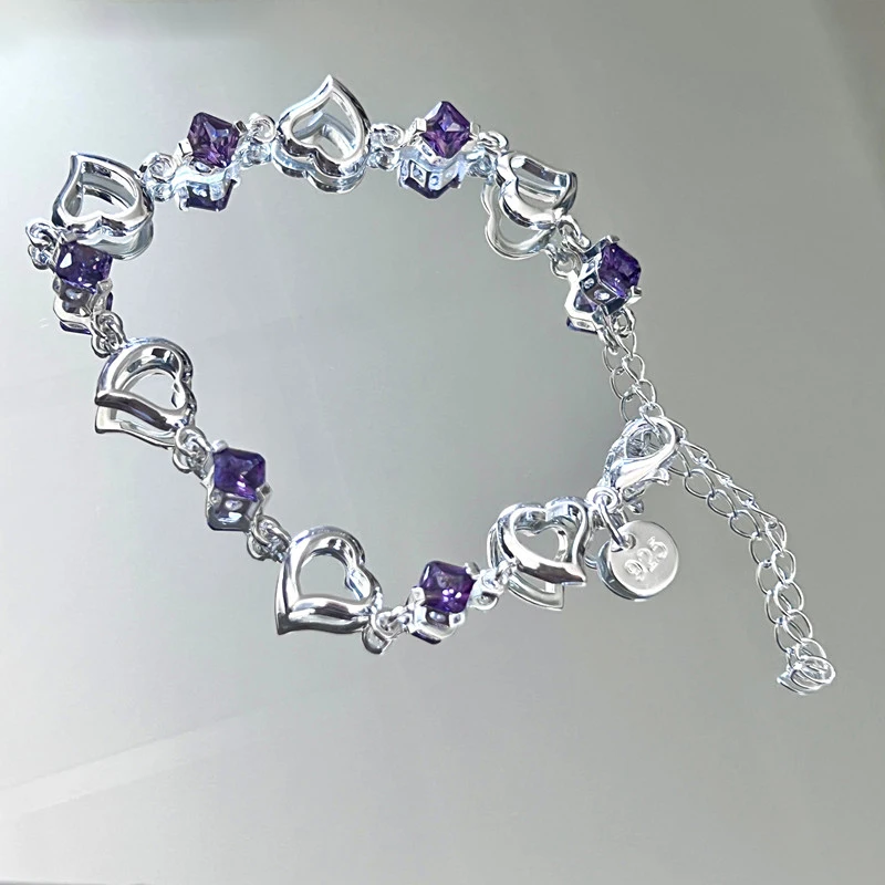 

JINGLIN 925 Sterling Silver Bracelet For Women Fashion Heart Purple Crystal Zircon Bracelet Jewelry Gift Feminina