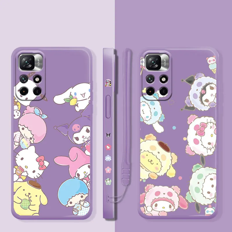

Family Hello Kitty Kuromi Cinnamoroll Color Liquid Case For Xiaomi Redmi Note 11 11T 9 9S 8 10 Pro for Redmi 8 9T 9A 9C 10C K40