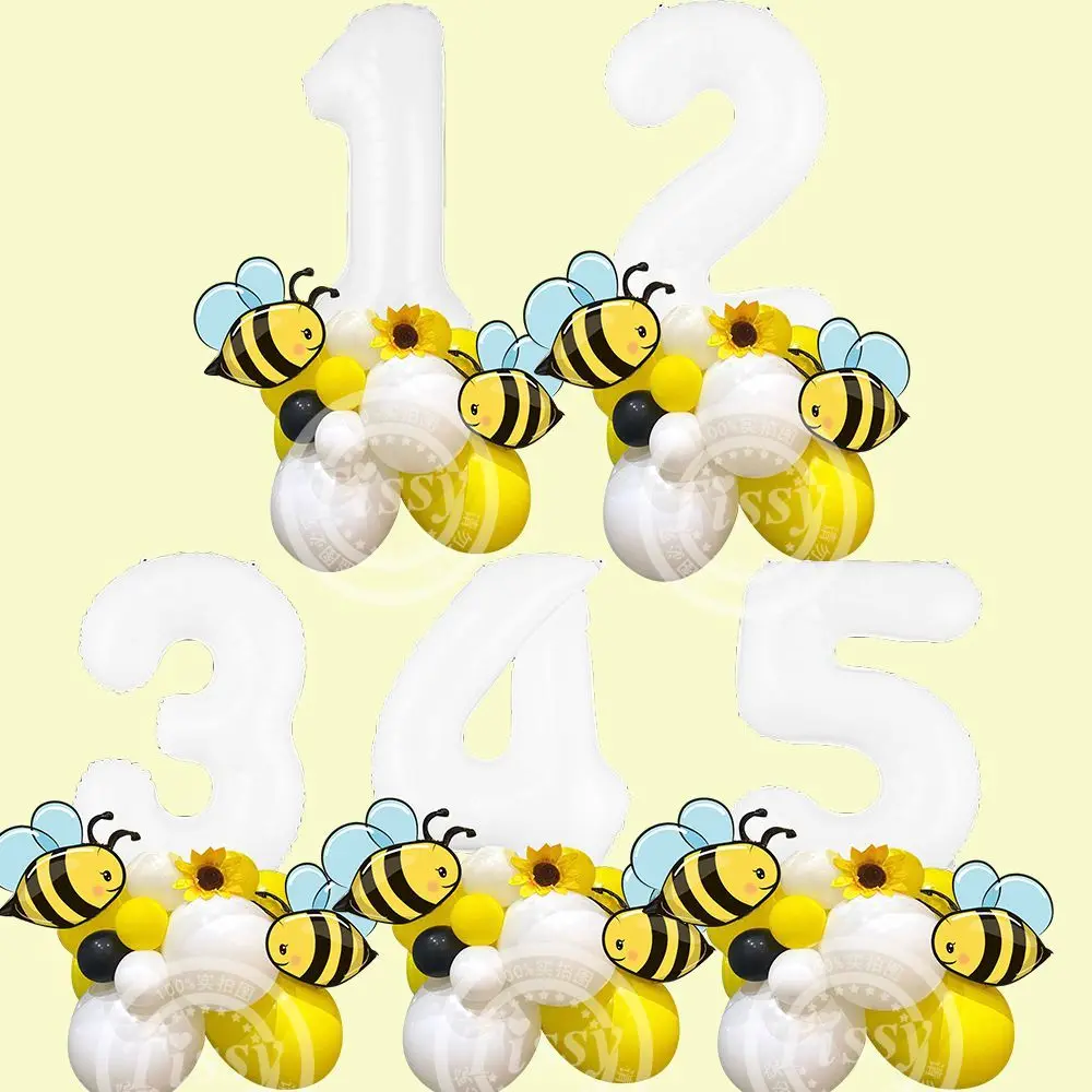 

23pcs/set Carton Bee Balloons Tower with 32inch White Number Balloon for Kids Bee Themed Birthday Party Decoration Supplies