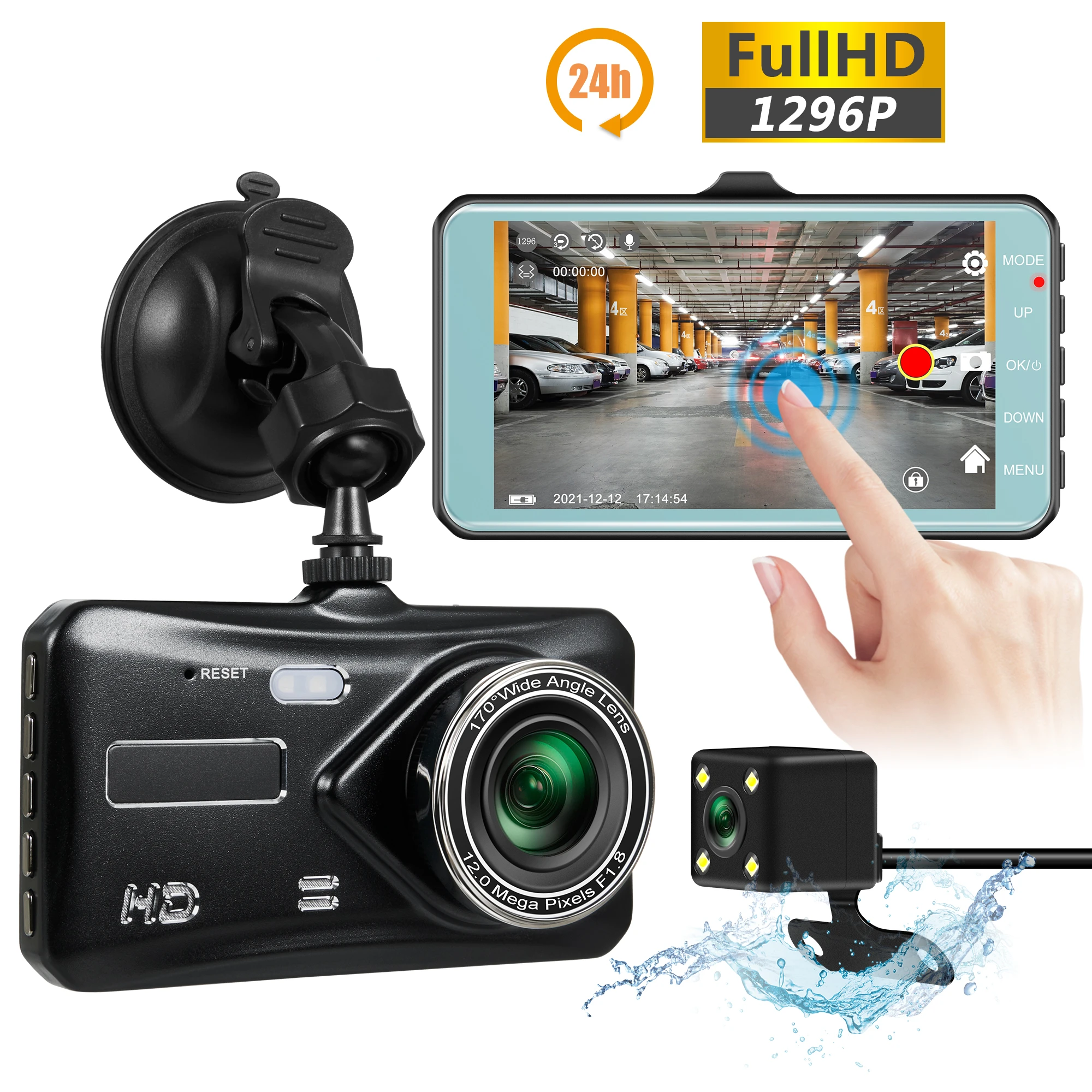 

24H Car Video Recorder Touch Screen Dash Cam HD 1296P Car Camera Recorder Night Vision Dashcam Camera Blcak Box IPS Dual Lens4In