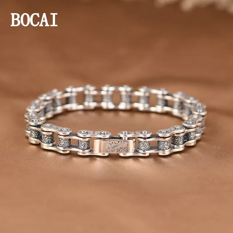 

BOCAI NEW S925 Silver Vintage Personality Fashion Punk Motorcycle Chain Diamond Pestle Bracelet Women and Men