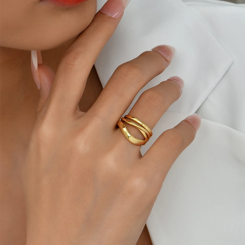 

New Korean Fashion Gold Plated Copper Ring Multilayer Line Cool Style Jewelry for Women