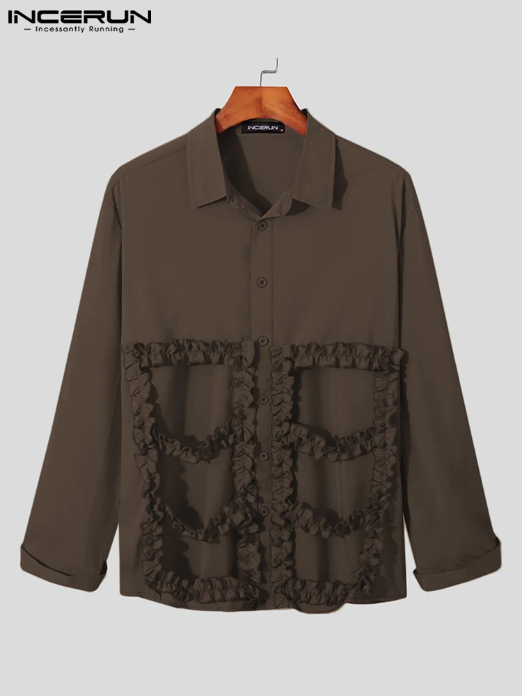Fashion Well Fitting New Men Tops INCERUN Hollow Long Sleeve Blouse Casual Streetwear Male Bow Solid Printing Lapel Shirts S-5XL