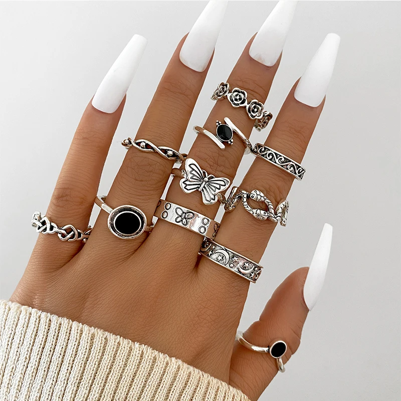 

Vintage Hollow Heart Butterfly Rings Set For Women Metal Silver Color Geometric Spiral Shape Ring Set 2023 Trendy Jewelry