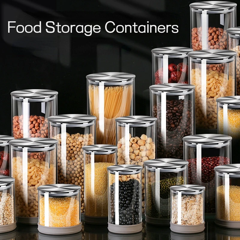 

Glass Food Storage Containers Transparent Box with 304 Stainless Steel Sealing lid Kitchen for Sugar Candy Cookie Spice Jar