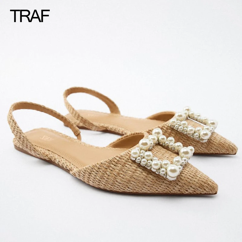 TRAF Flat Shoes Pearl Espadrilles for women Casual Slingback Rhinestone Shoes Woman Spring Summer 2022 Ladies Low heel Shoes
