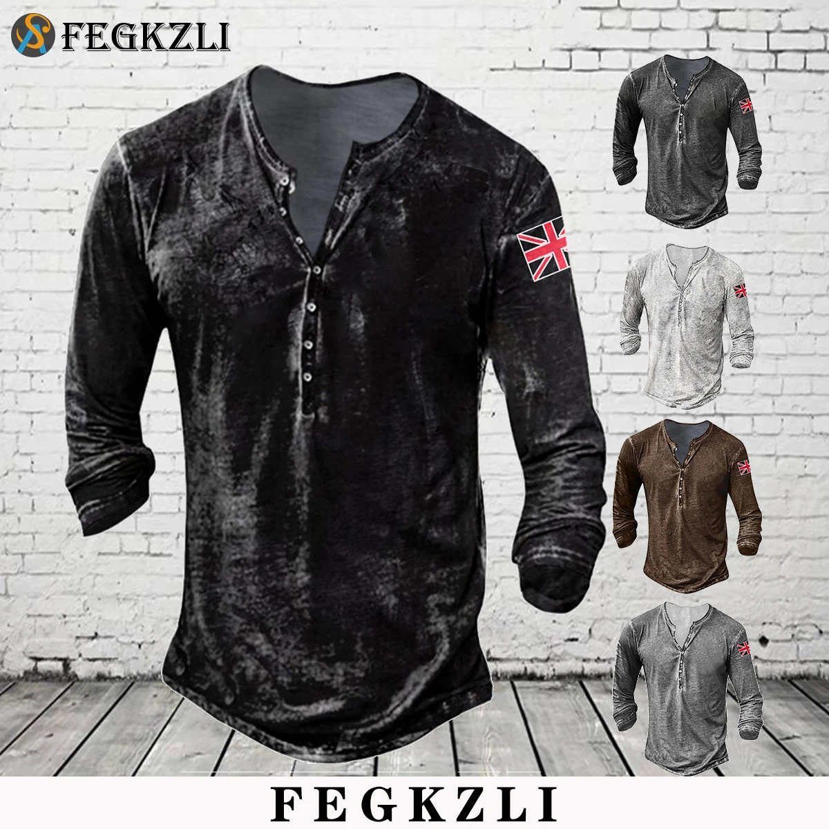 

Мужские осенние футболки FEGKZLI с длинным рукавом, топы большого размера с рисунком в стиле панк, винтажные футболки с V-образным вырезом и 3D пр...