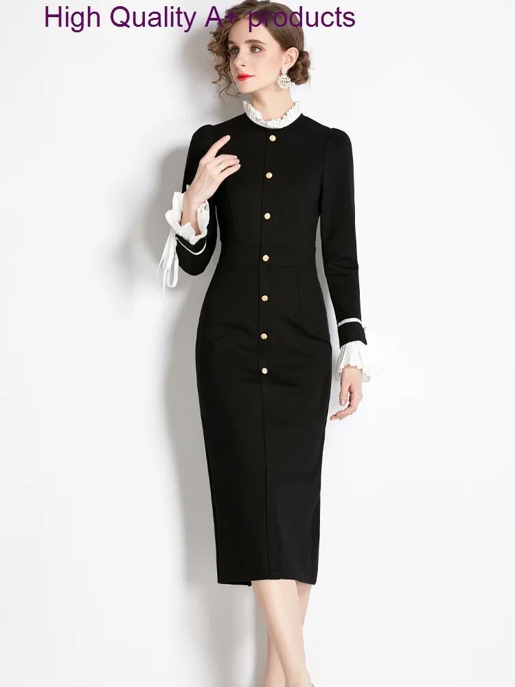 

Женские дизайнерские модельные платья, элегантное черное облегающее платье средней длины с расклешенным рукавом и оборками на воротнике, осень 2023