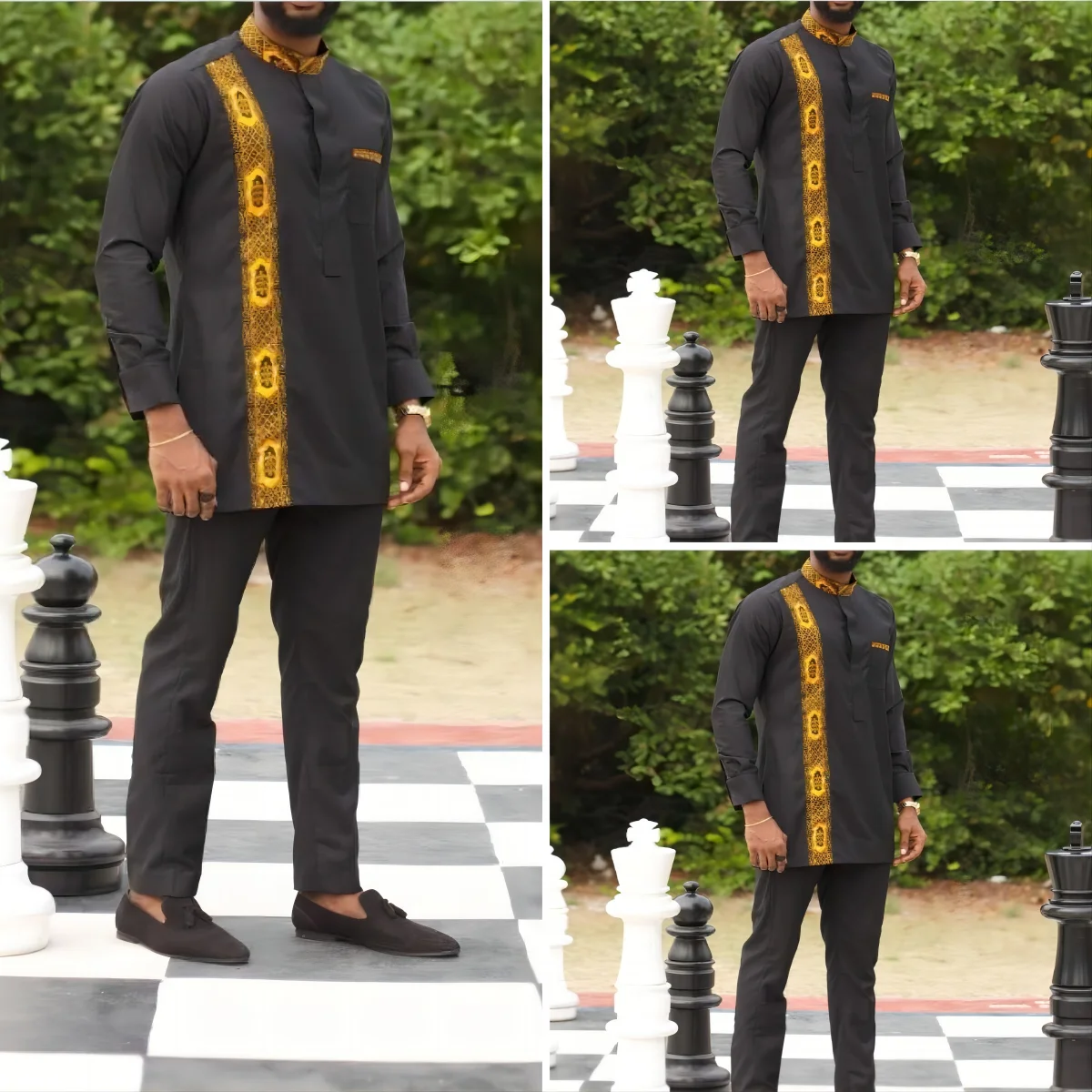 

Dashiki T-shirt Gown Suit Four Seasons Stand Collar Stripe Print Noble Temperament Long-Sleeved African National Casual Men's