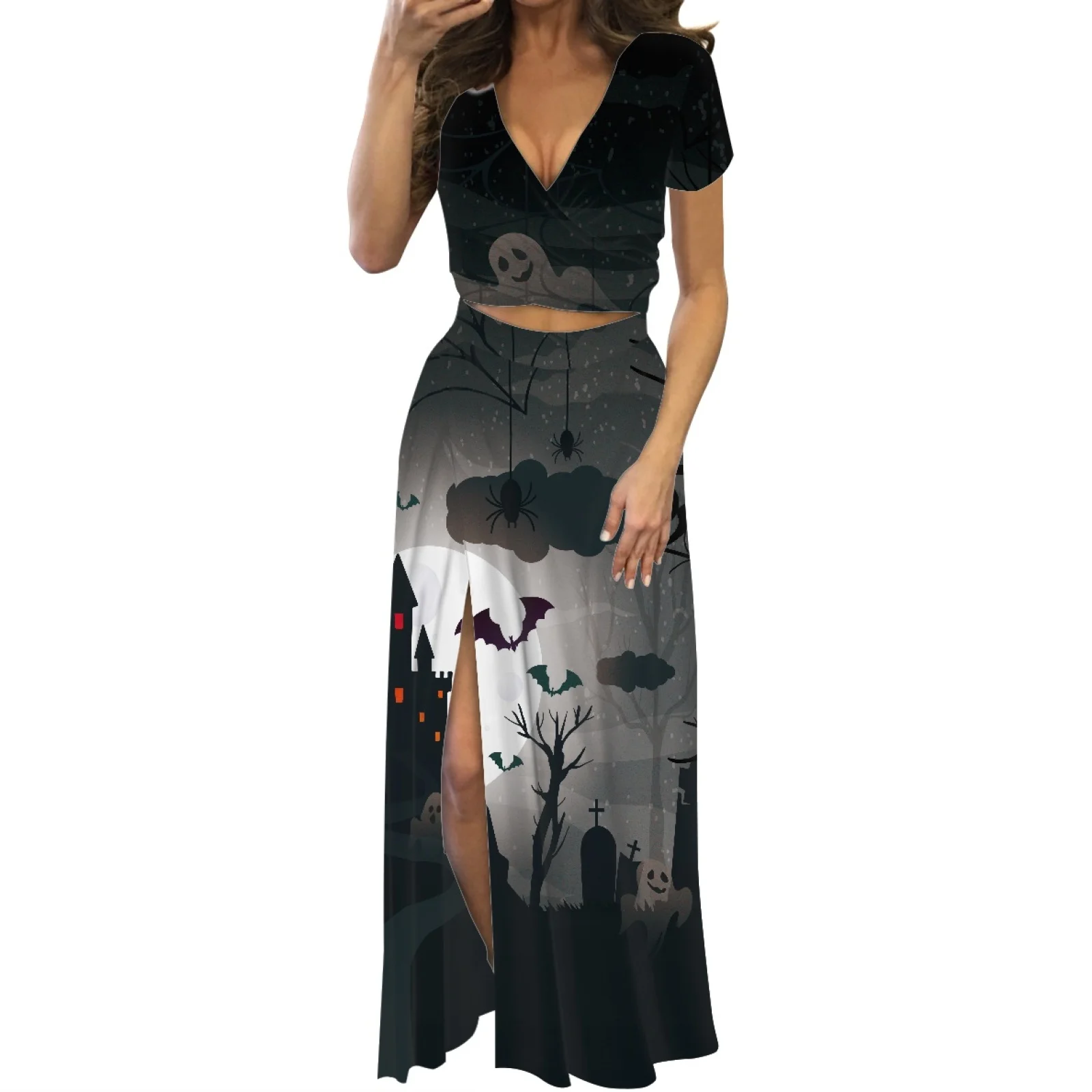 

Two-Piece Split Dress V-neck Short Sleeve Clothing Samoya Halloween New Design Summer Beach Party Women's Low-Cut Maxi Dress
