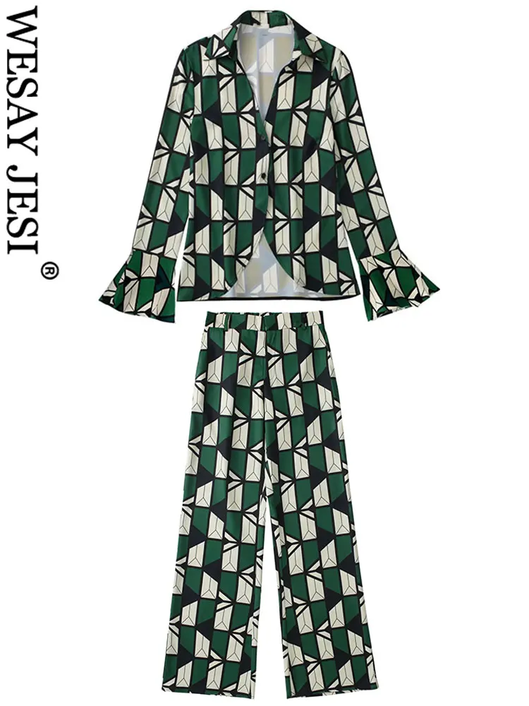 

WESAY JESI Women Print Shirts Set Lapel Single Breasted Flared Cuff Blouse + Trousers Elastic Zipper Pocket Chic Wide Leg Pants