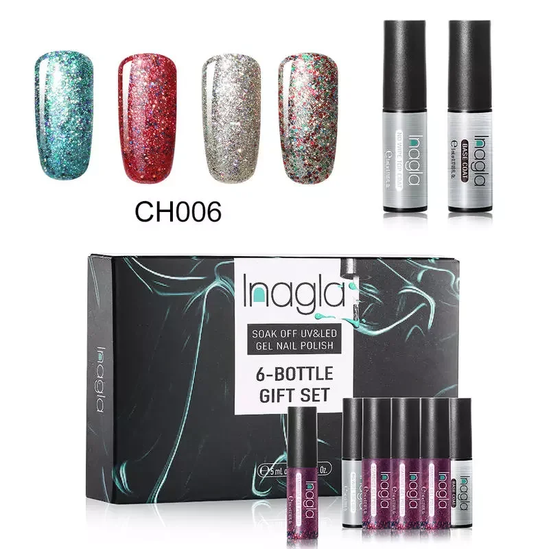 Inagla 6pcs/Set Nail Gel Polish Gift Box Set Shiny Glitter Star Gel Varnish Nail Base Coat Top Coat Kits Nail Art Manicure Sets