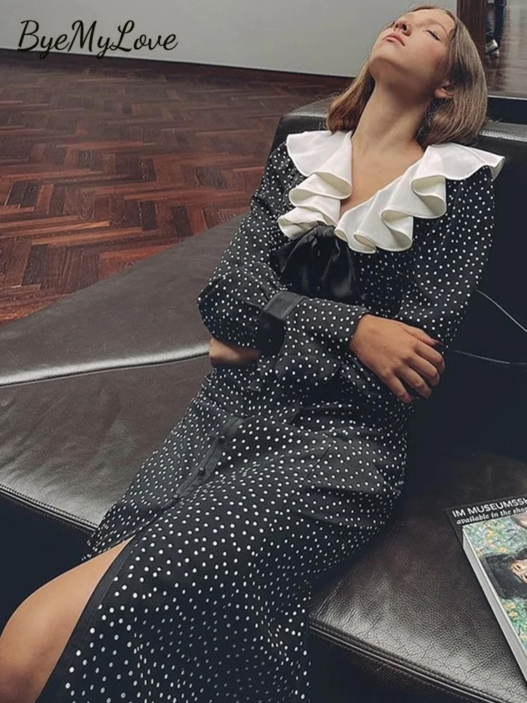 

Женские облегающие платья в горошек ByeMyLove, Элегантные Осенние платья до щиколотки с расклешенным рукавом и разрезом