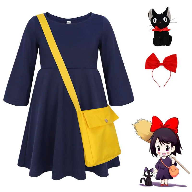 

Anime Kiki's Delivery Service Cosplay Magical Girl Dresses Majo No Takkyuubin Kiki Dress Bag JiJi Doll Halloween Kids Costume