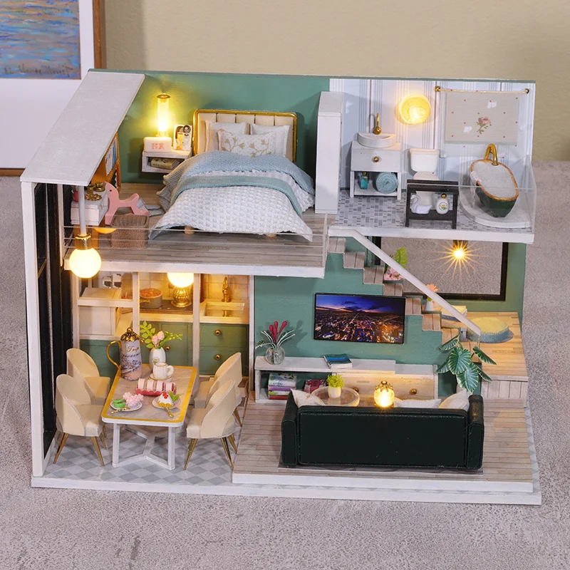 

DIY Modern Loft Dollhouse Miniature Wooden Casa Doll House Kit With Furniture Roombox Assembled Model Toys For Girls Gifts