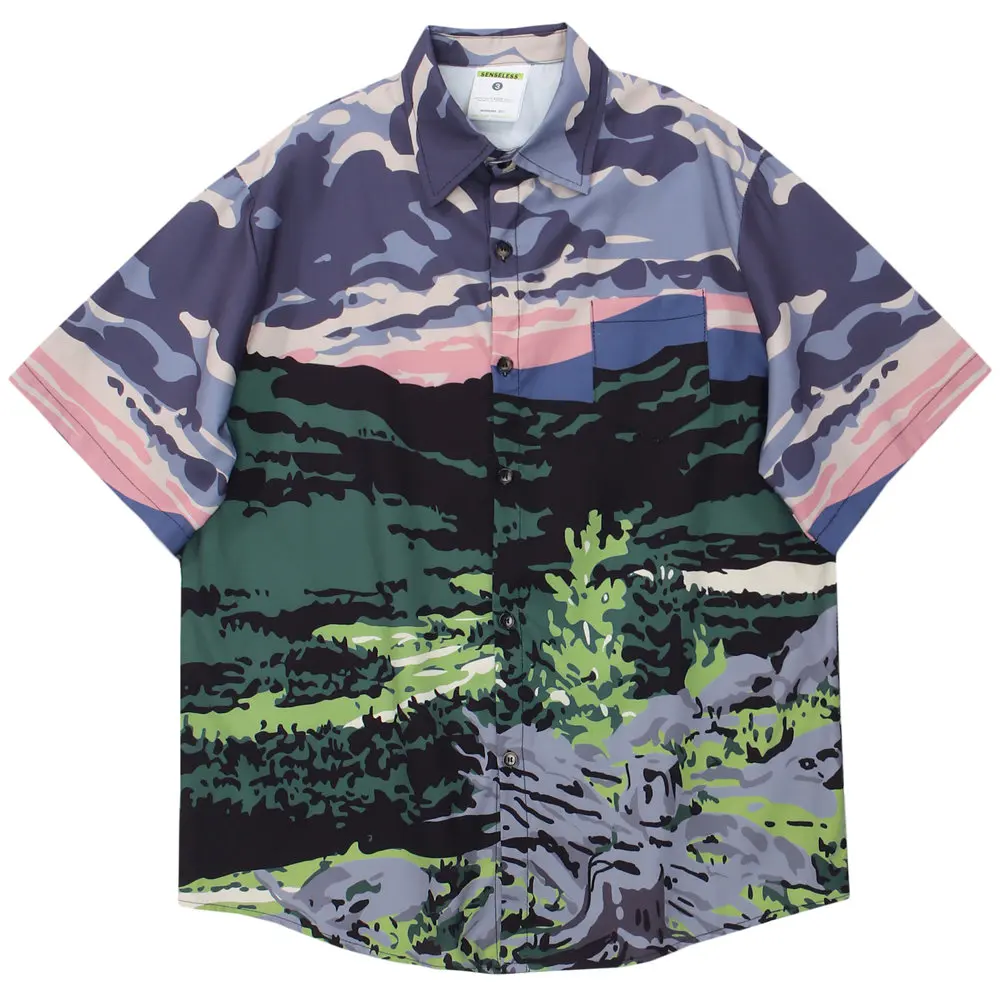 

T Shirt for Men Hills Painting Digital Print Men Clothing 2022 Cotton Casual Streetwear Summer Blouses Oversized Men's Shirt