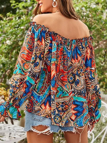 Vintage Women Blouse 2023 Spring Sexy Off Shoulder Long Sleeve Boho Top Floral Lace Up Loose Fashion Women Shirt Femmale Clothes