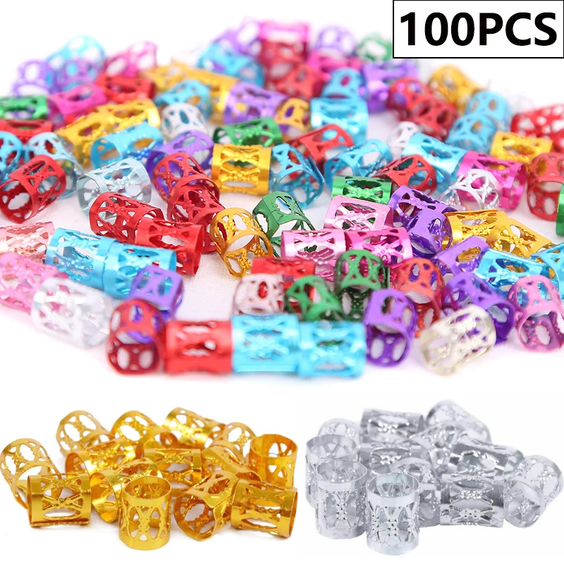 

100 шт. разноцветные регулируемые косички для волос, бусины для дредов, золотые и серебряные бусины, заколки для волос