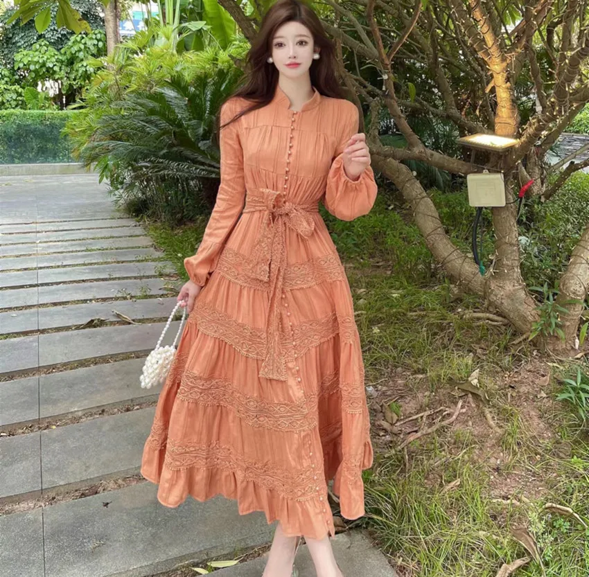 

JSXDHK Runway Autumn Orange Stand Collar Long Dress Elegant Women Single Breasted Embroidery Lace Splicing Lace Up Party Vestido