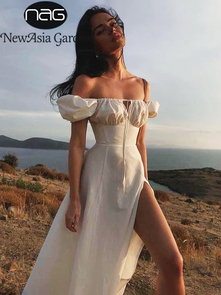 

NewAsia Puff Sleeve White Dress Off Shoulder Cut out Tie up Side Split Ruched Long Dress robe femme Summer Dress for Women 2022