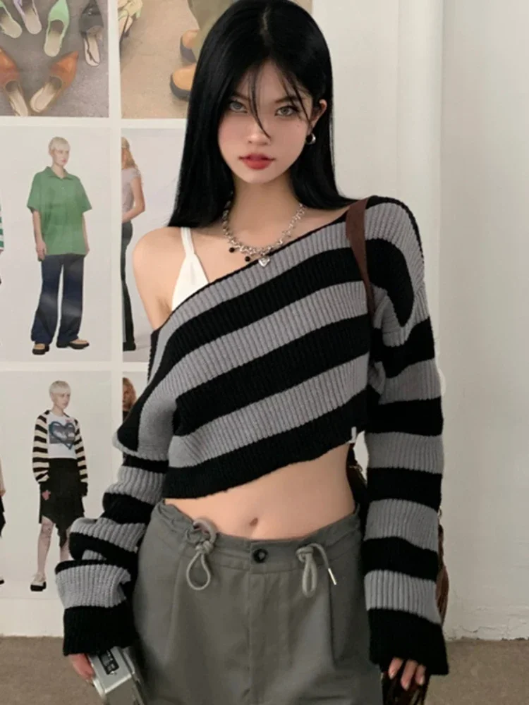 

Female Casual Outdoor Knit Pullover Crop Sweater Y2k Girl Gray Black Stripe Loose Long Sleeve Sweaters Off Shoulder Short Jumper