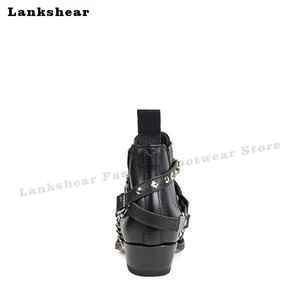 Thick Heel Pointed Metal Decoration Leather Boots Men Ankle Boots Chelsea Boots Large Size 38-48 Ankle Boots Man Shoes Winter