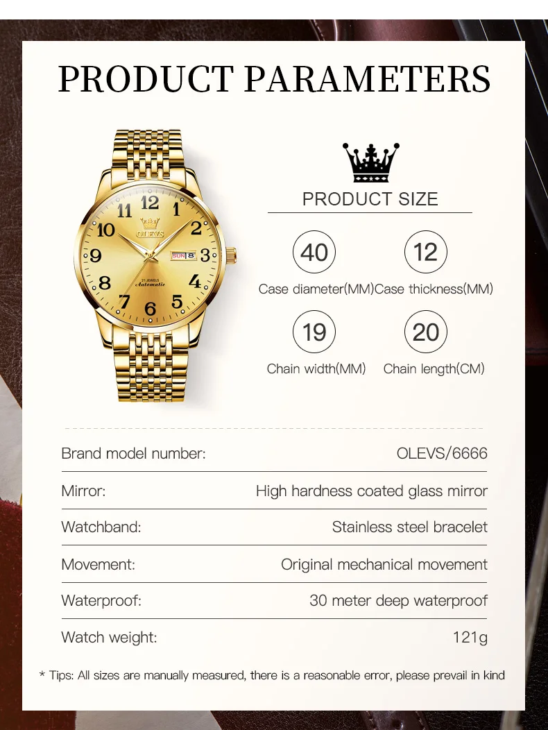 OLEVS Men's Automatic Watch Mechanical Waterproof Stainless Steel Fashion Big Number Wrist Watches Golden Luxury Watch For Men enlarge