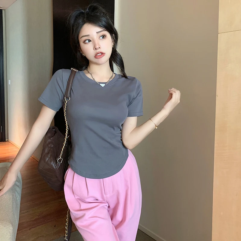 

Summer Women Short Sleeve Round Neck T-shirts Basics Solid Color Thin Cotton Tops Slim Fit Skinny Elastic Sexy Bottoming Shirt