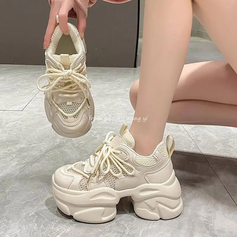 Authentic Leather Clunky Sneakers Female 2023 Spring Color Block Platform Height Increasing Casual Sneakers Shoes Women