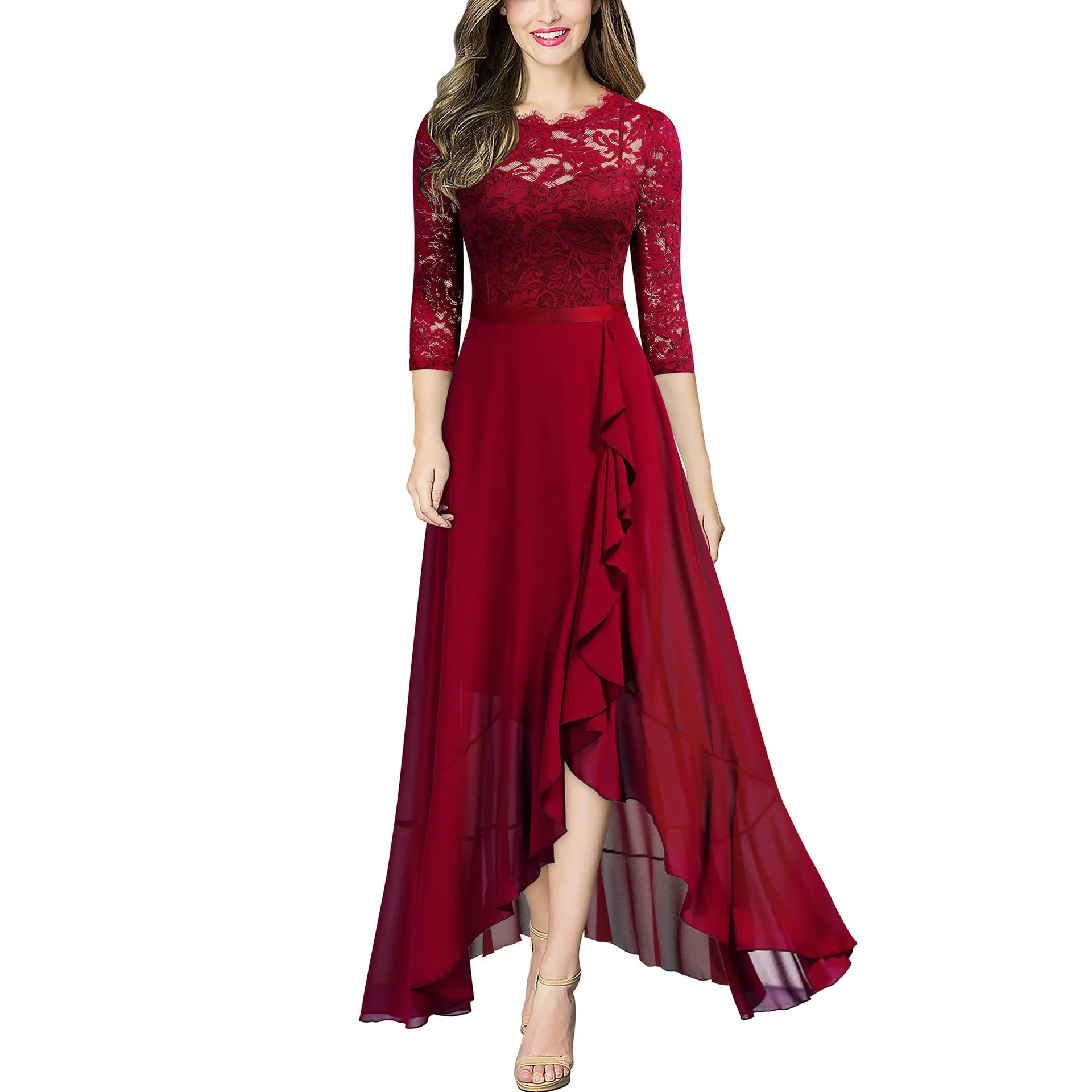 Women's Lace Dresses Stitching Fashion Round Neck Evening Gowns Elegant Temperament Hollow Women's Long Dresses Party Clothing