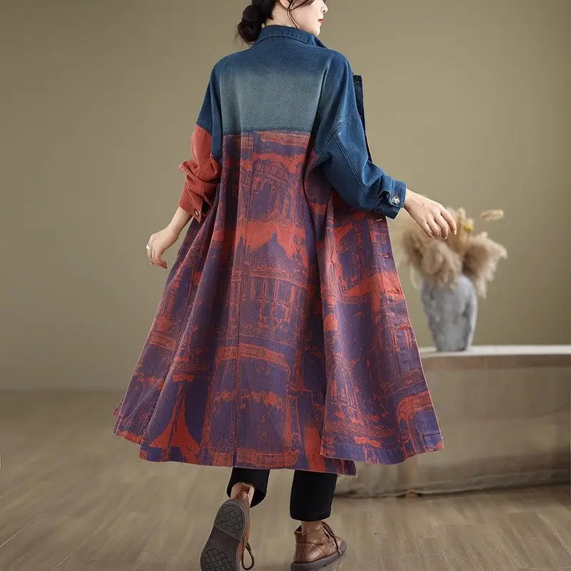 Женский джинсовый Тренч в стиле пэчворк свободный ковбойский винтажном с