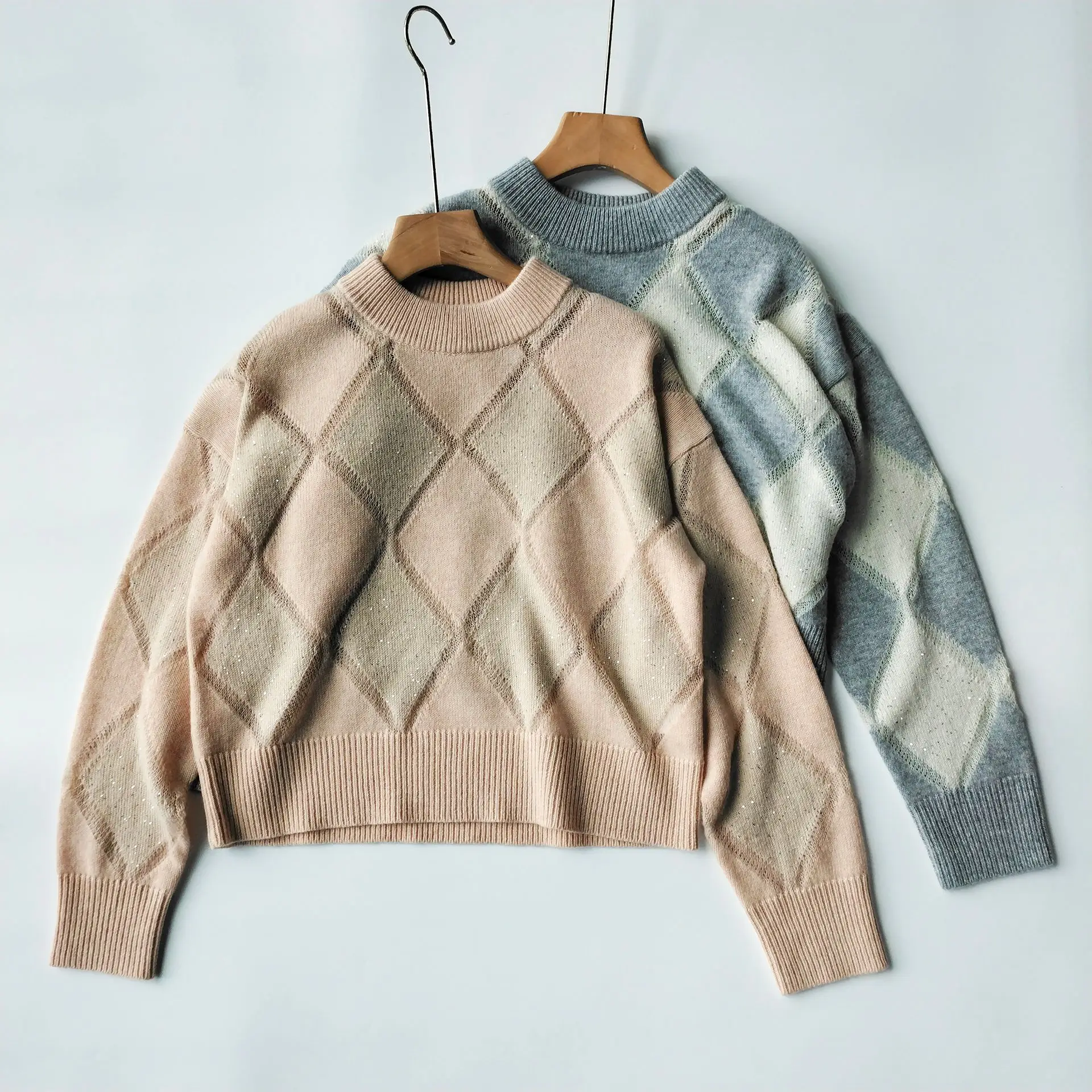 Шерстяной мохеровый свитер для женщин осень-зима ромбические блестки ажурный