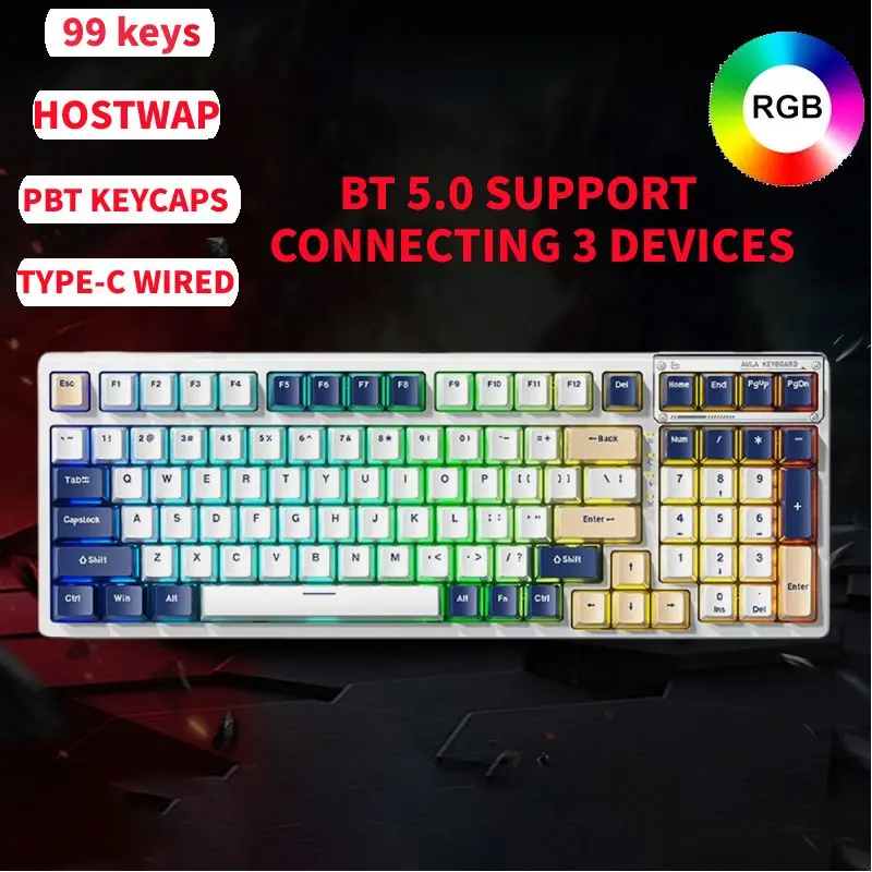 

Gaming Mechanical Keyboard 99 Keys RGB Hotswap Type-C RGB Backlight 3-mode Connection Keyboards for Desktop Computer Laptop PC