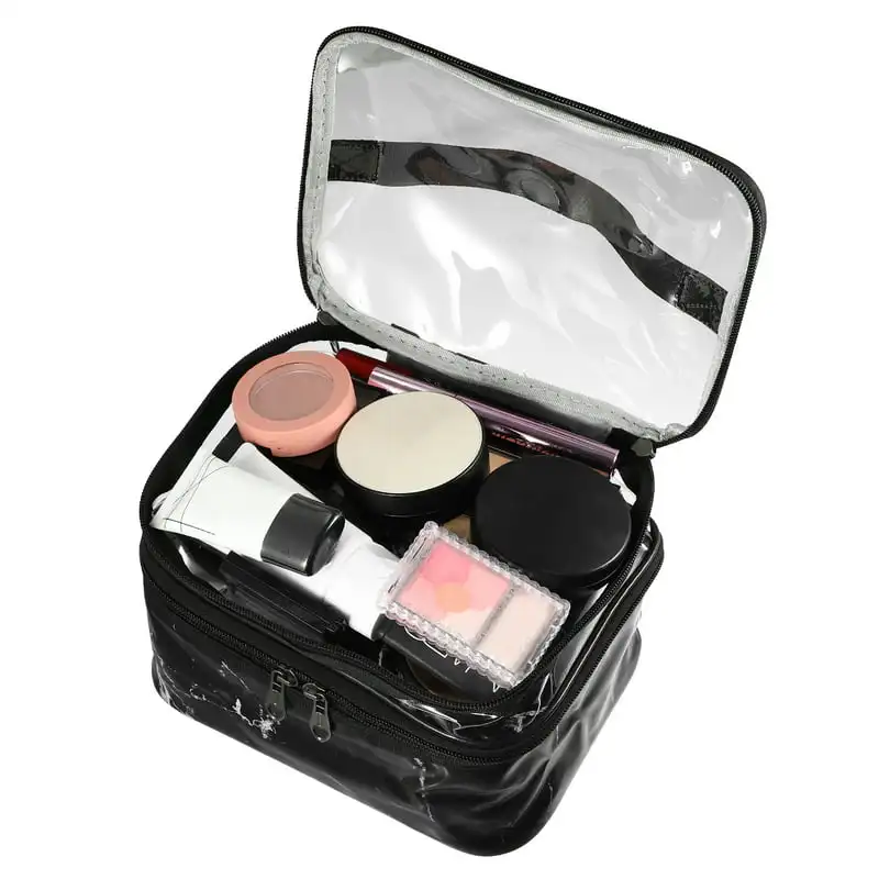 and White  Beautiful Double Layer Marble Pattern Makeup Bag Cosmetic Organizer Black and White - Perfect for Travel!