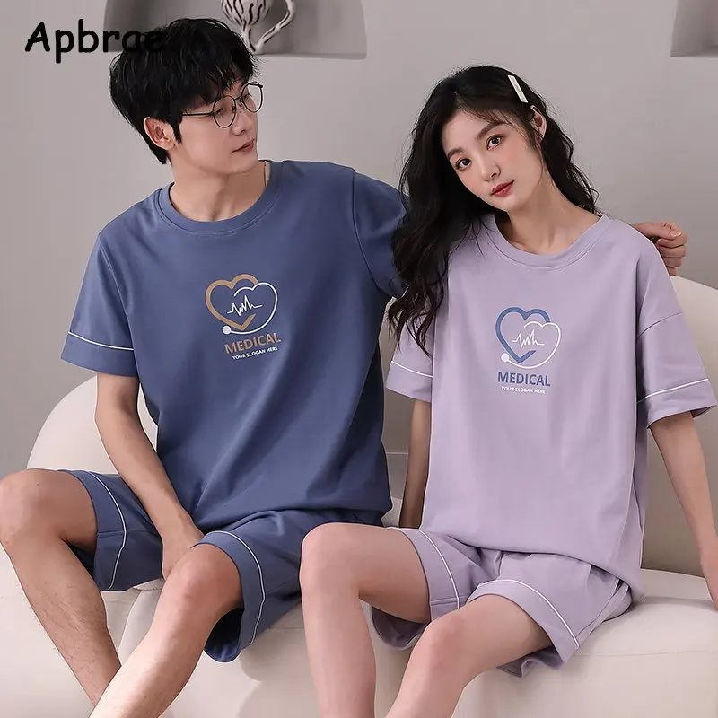 

New Summer Couple Round Collar Pajamas Set Heart Printing Sleepwear for Lovers Short Sleeve Shorts Nightwear Couple's Home Suit