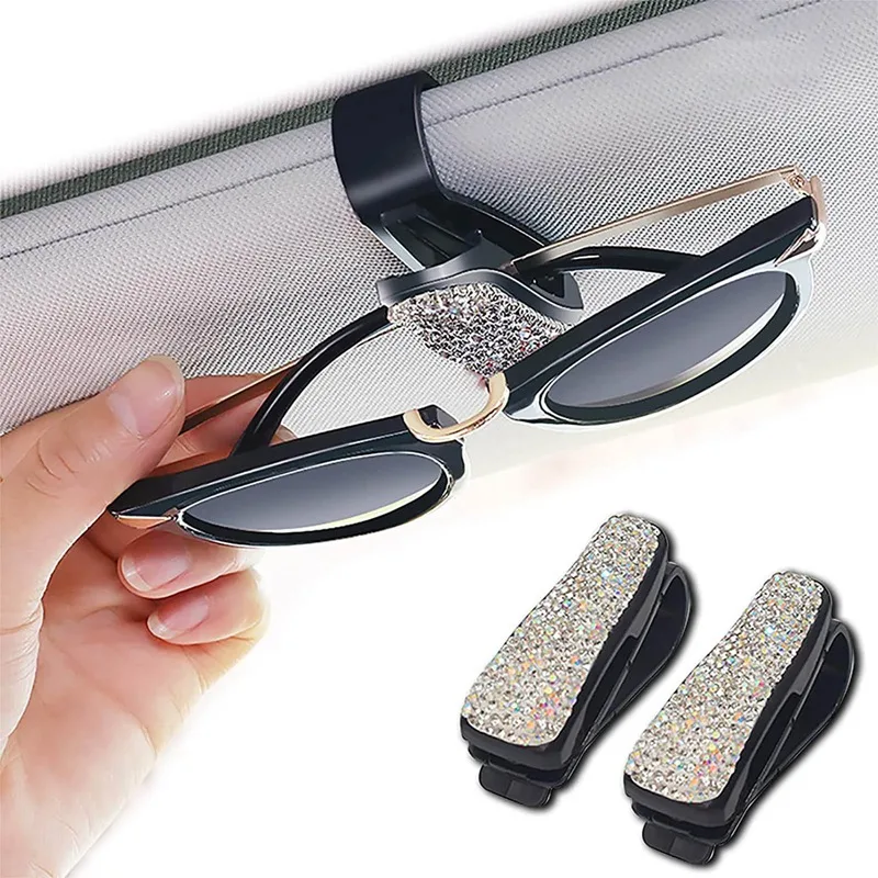 

2 Pcs Bling Bling Diamond Glasses Holders For Car Sun Visor Sunglasses Eyeglasses Mount With Ticket Card Clip