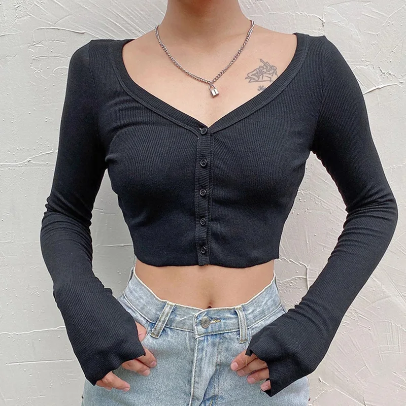 

Women Long Sleeve Crop Tops Sexy Deep V Neck Basic Solid Black White Casual Tshirt Sexy Women Crop Tee Shirt Summer Autumn