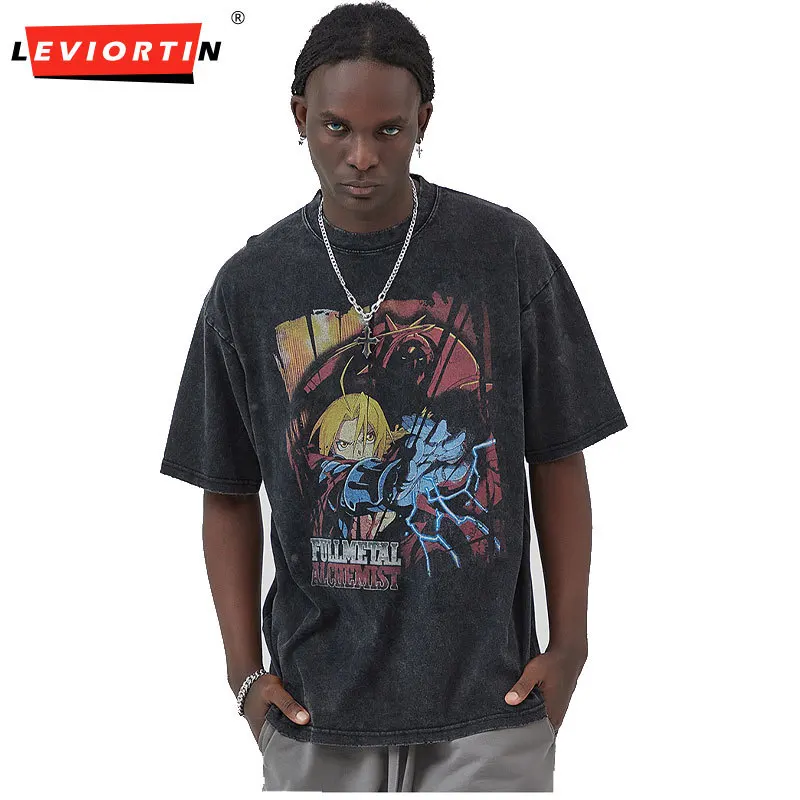 

Harajuku уличная черная футболка с эффектом потертости, японская аниме графическая футболка для девочек, хлопковая футболка, мужские летние топы с короткими рукавами, футболки