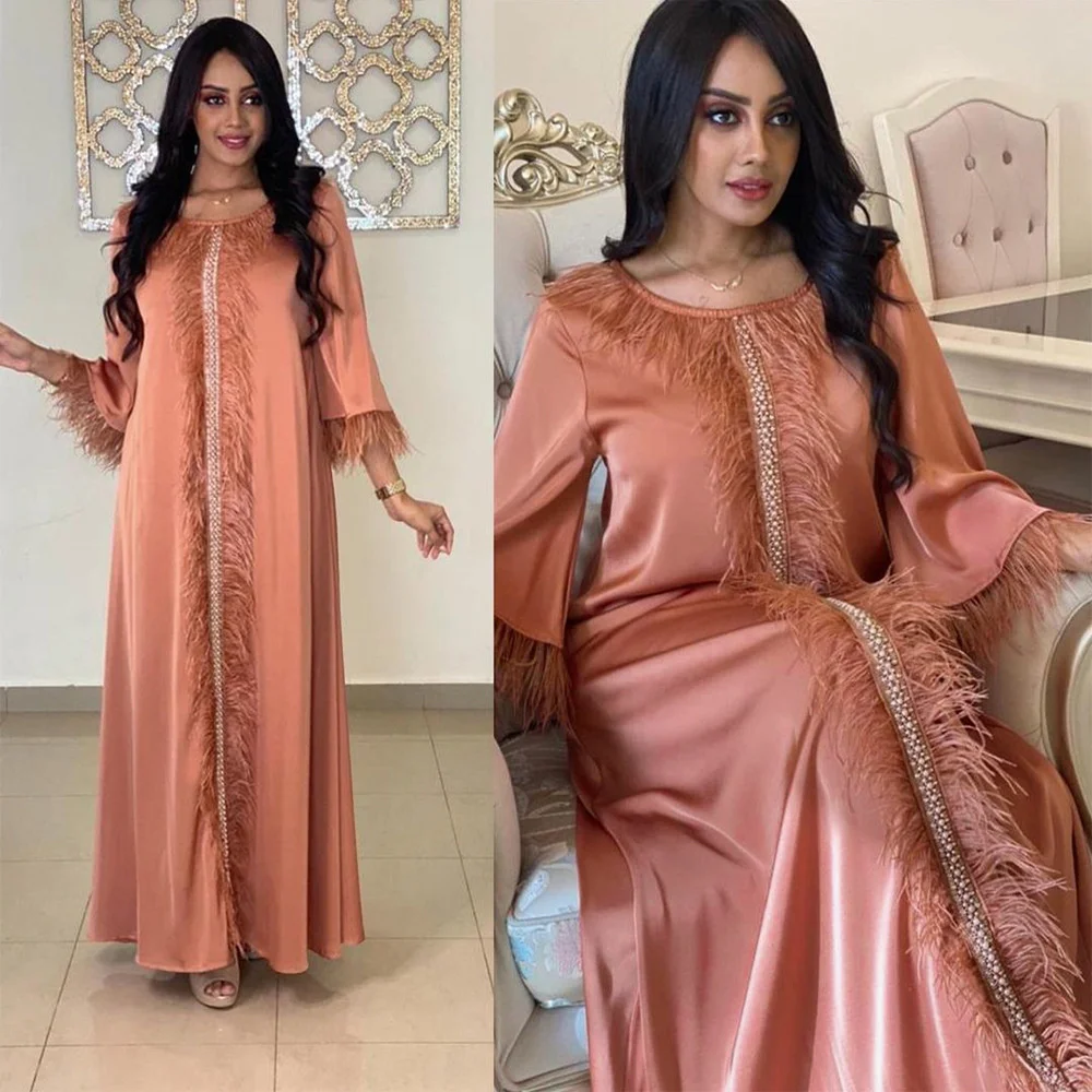 

Muslim Women's Feather Mosaic Robe Saudi Arabia Forged Face Feather Evening Dress Muslim Hot Diamond Ribbon Robe