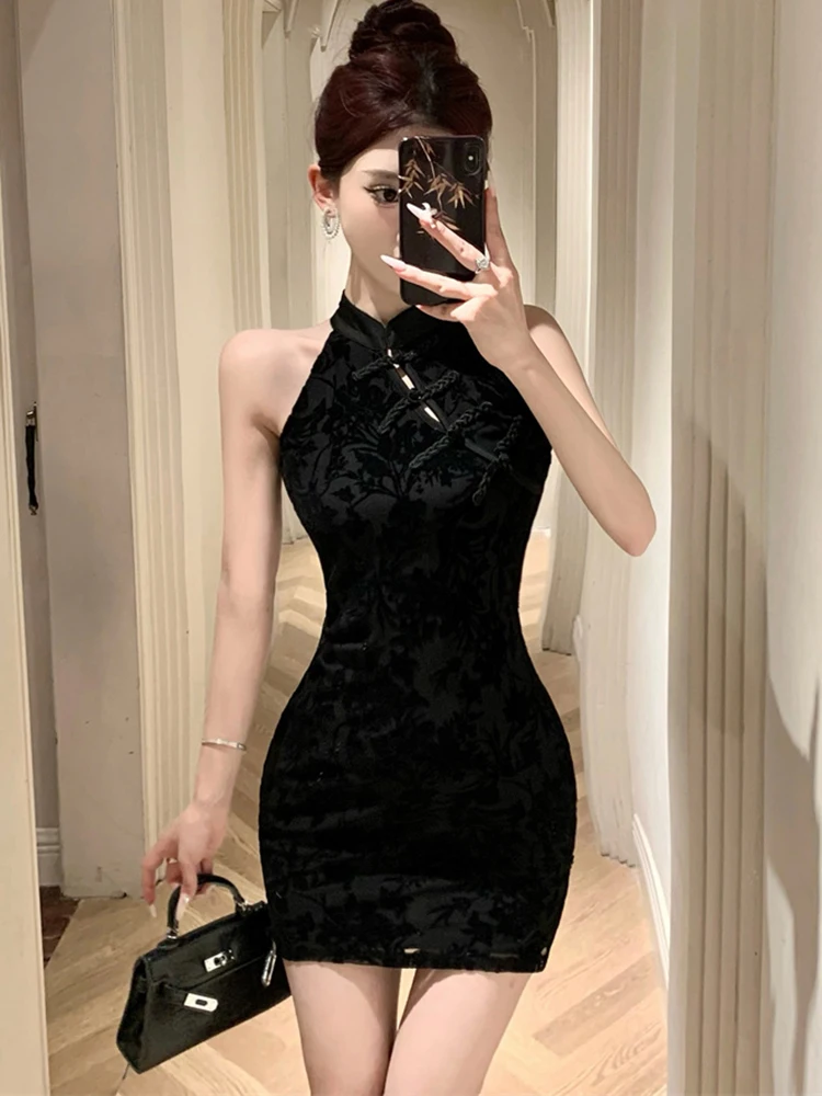 Черное жаккардовое шикарное соблазнительное Клубное платье с воротником