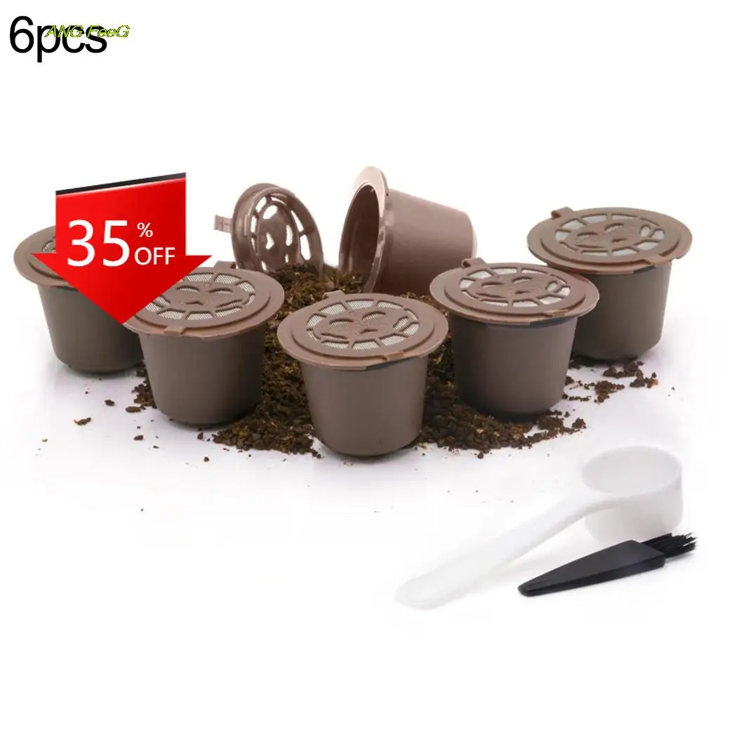

6PCS Reusable Coffee Capsules Cup With Spoon Brush Refillable Coffee Capsule Refilling Filter Coffeeware Cup Holder Pod Strainer