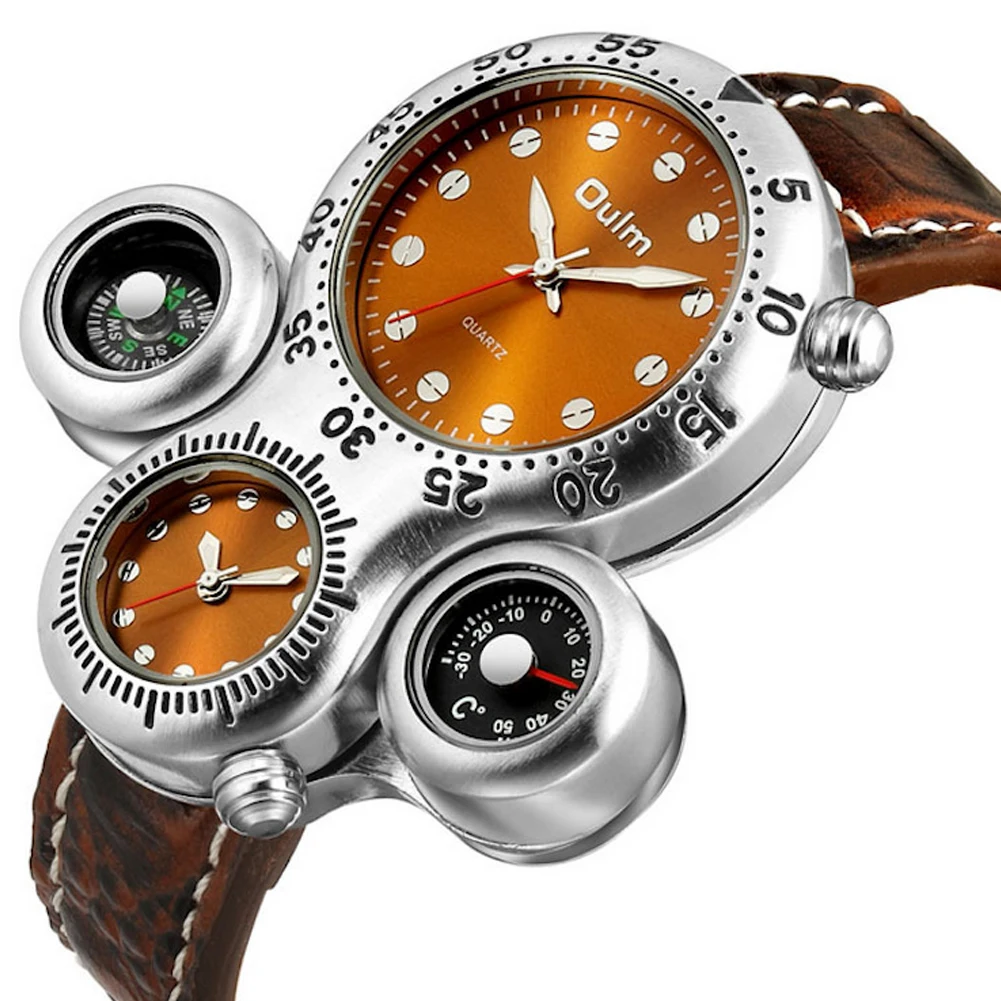 

Уникальные спортивные часы Oulm, мужские роскошные брендовые наручные часы с двумя часовыми поясами, повседневные кварцевые мужские наручны...