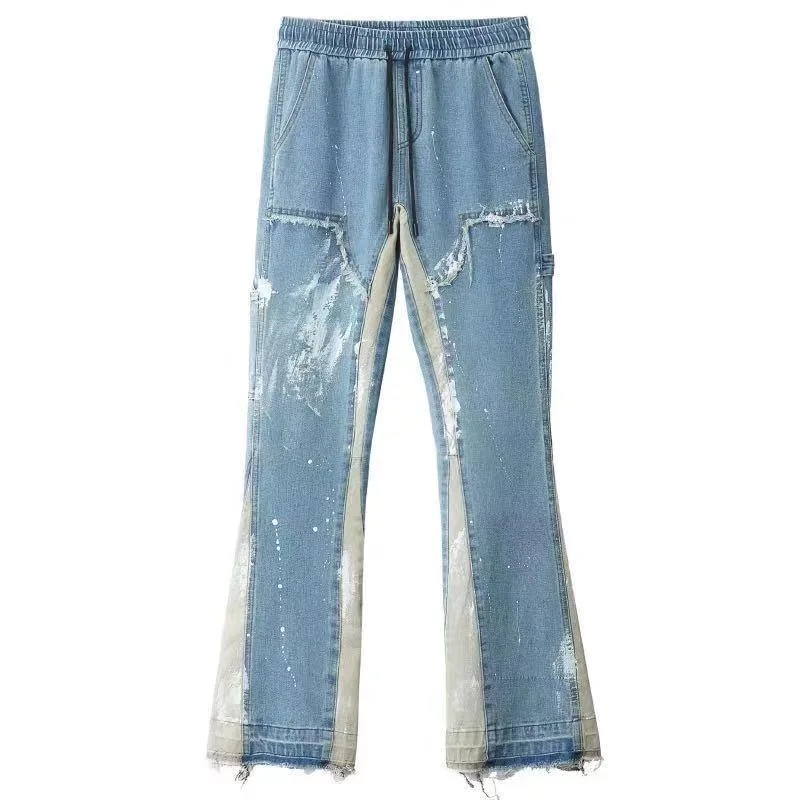 New Jeans High Street Do Old Brush Paint Hand-painted Stitching Jeans Men And Women Vibe Wind Straight Loose Micro Flared Pants
