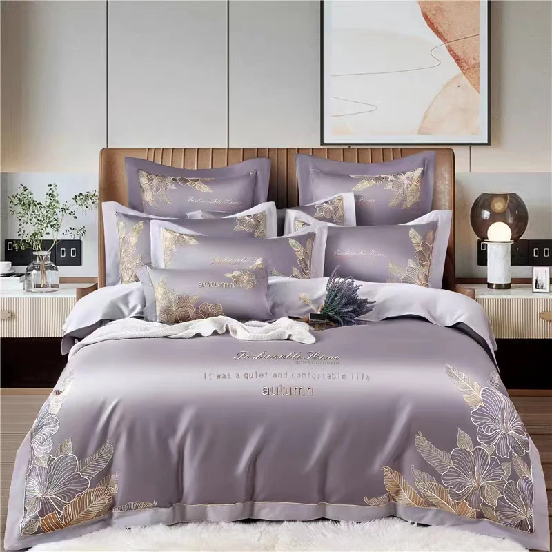 

140 Thread Count Long Staple Cotton 4Pcs Duvet Cover Flat Sheet Pillowcase Luxury Home Textile High Grade Embroidered Bedding