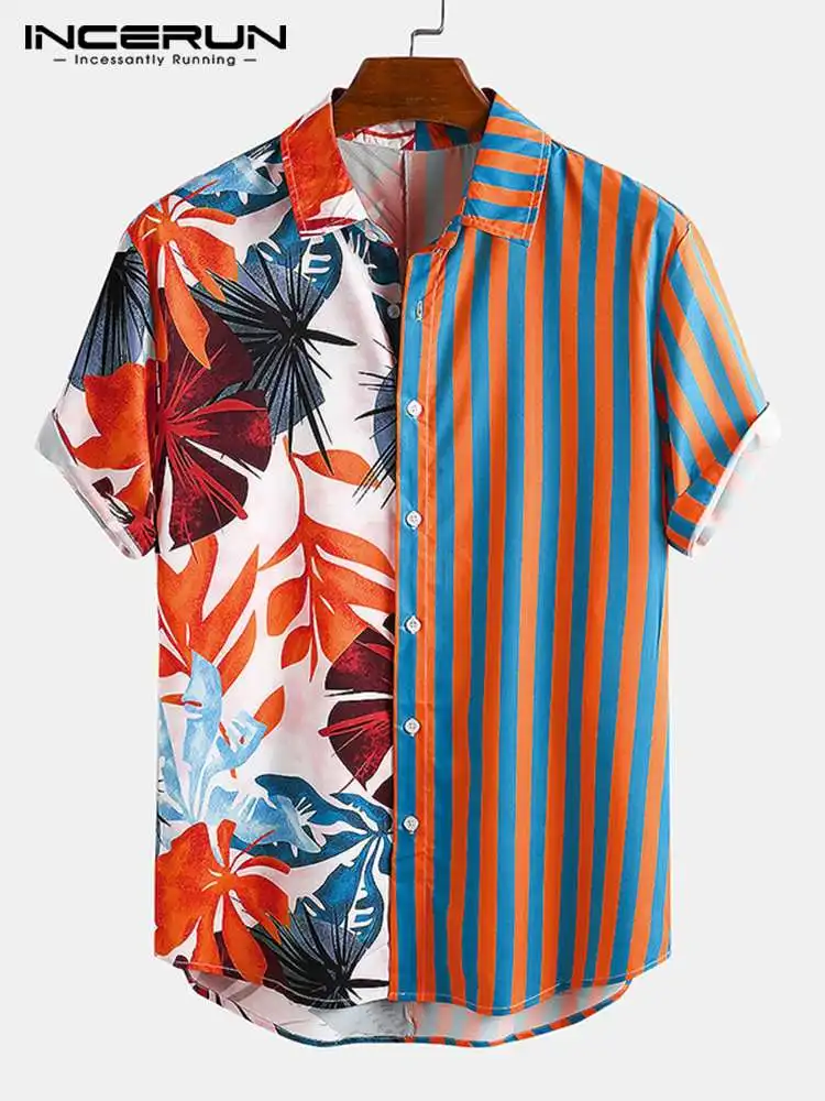 

INCERUN Men Ethnic Printed Shirts Short Sleeve Lapel Patchwork Shirt Casual Loose Soft Camisa Summer Hawaiian Holiday Blusa 5XL7